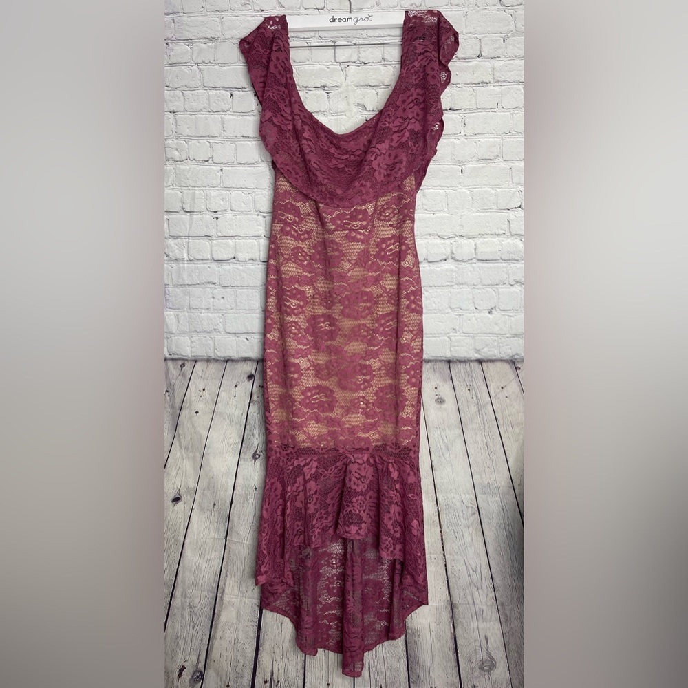 Charlotte Russe Maroon/pink crochet/Lace off shoulder fishtail midi dress Size L